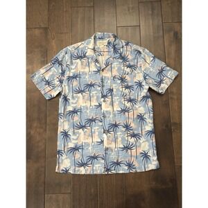 Weatherproof Vintage Men Button Up Shirt Size S Blue Hawaiian Linen Short Sleeve